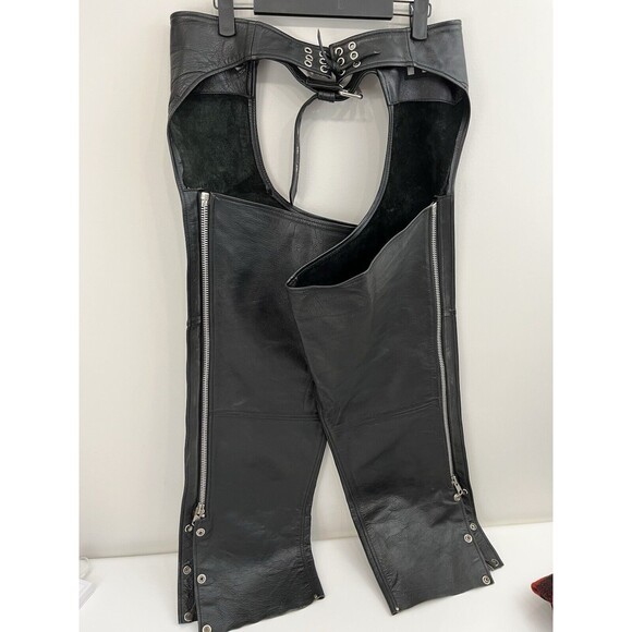 First Manufacturing Co Rally Riding Chaps FMC Black leather Biker Adj waist Med - Picture 7 of 10